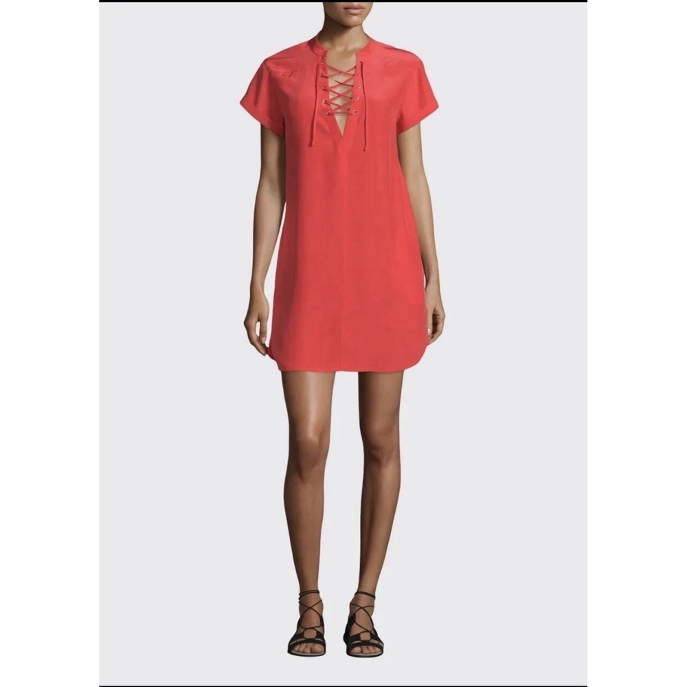 FRAME Denim Womens Small S Le Lace Up Silk Shift Dress Blood Orange Short Sleeve